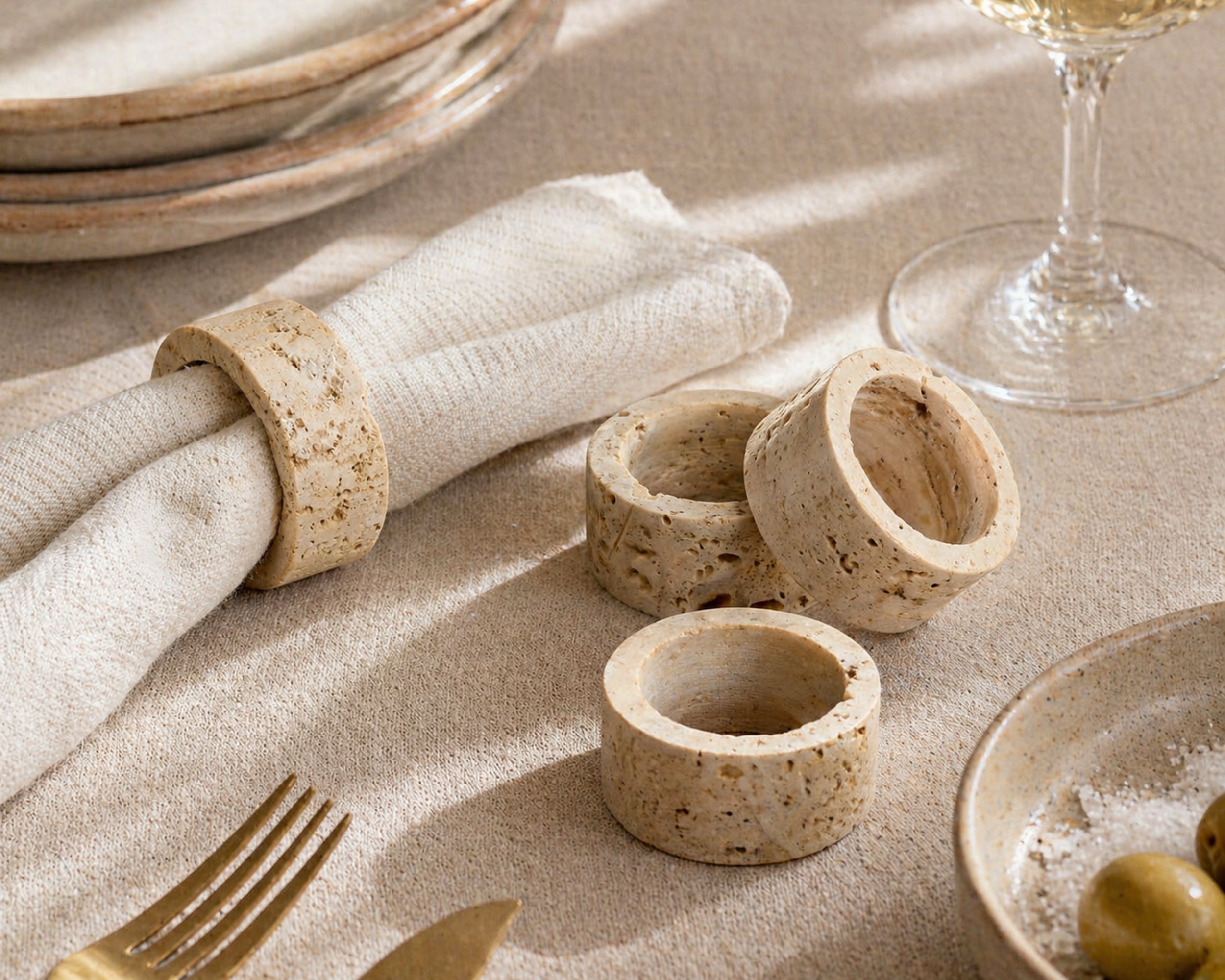 Handcrafted Modern Rustic Travertine Napkins Rings Set from What a Host Home