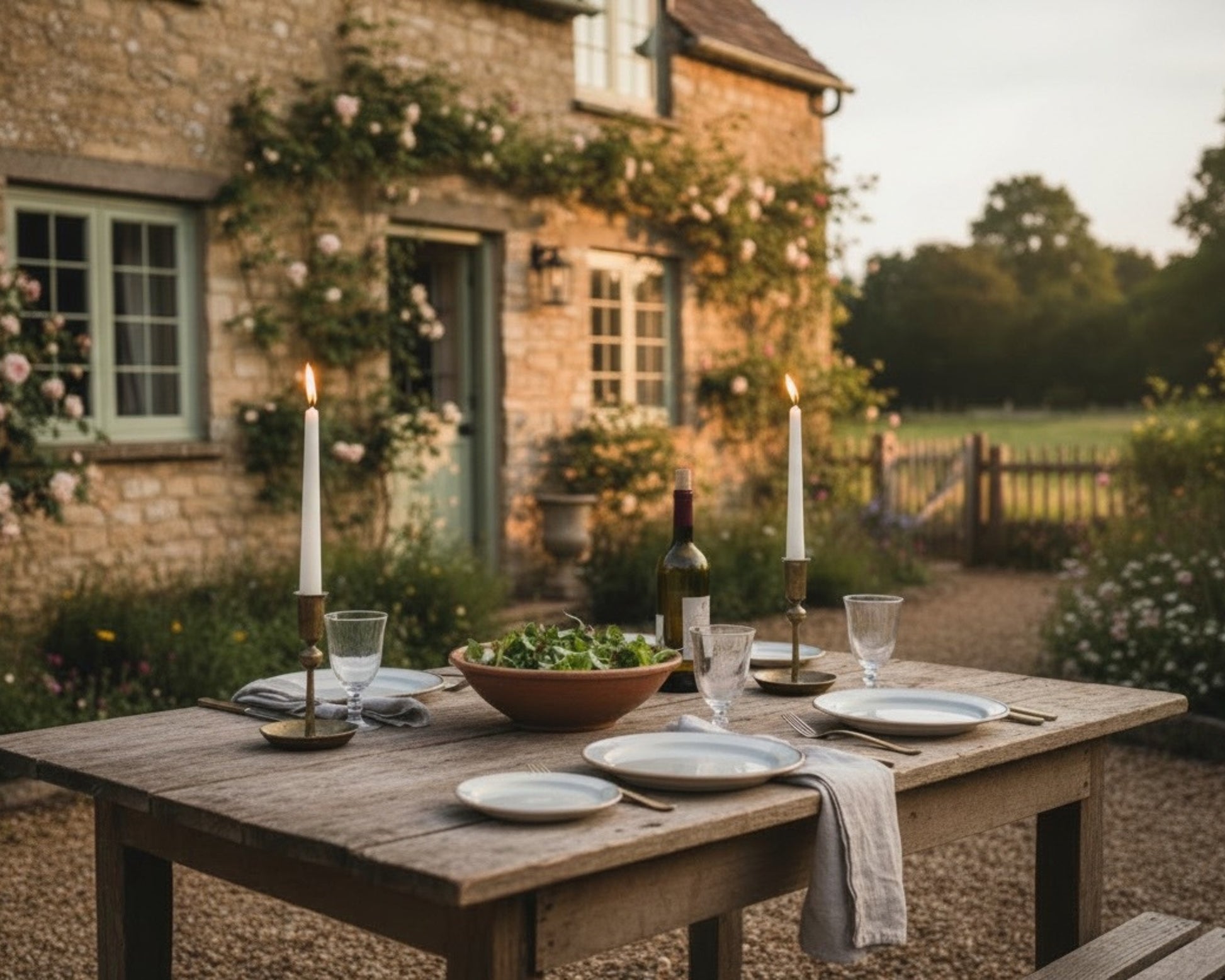 Rustic Outdoor Set up from What a Host with Rustic Handcrafted Gold Candle Holders