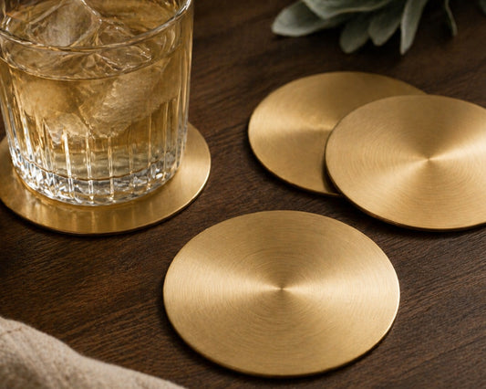 Round Brass Gold Glass Coasters from What a Host Home
