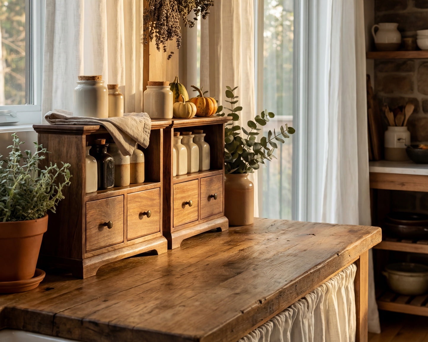 Nest of wooden dressers with decorative items in a bright room with large windows.
