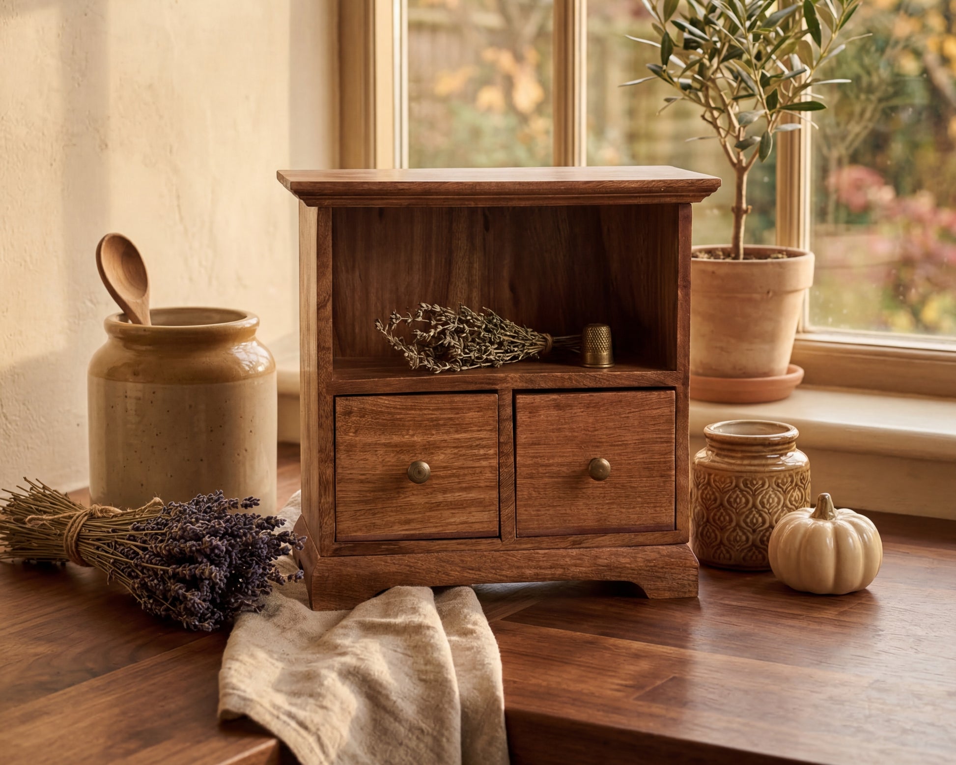 Wooden cabinet with decorative items on a wooden surface near a window