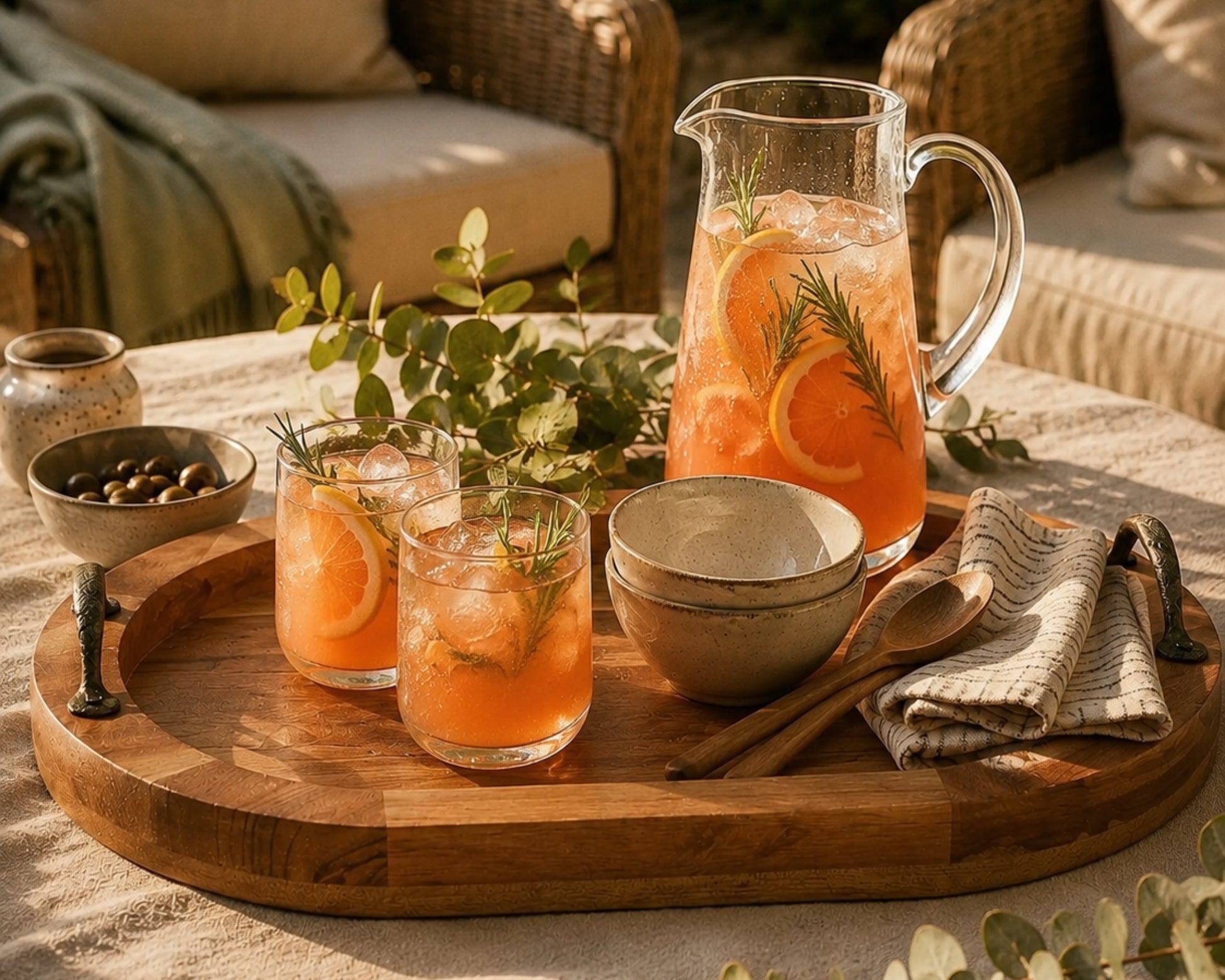 Wooden Tray with Handles and summer drinks al fresco