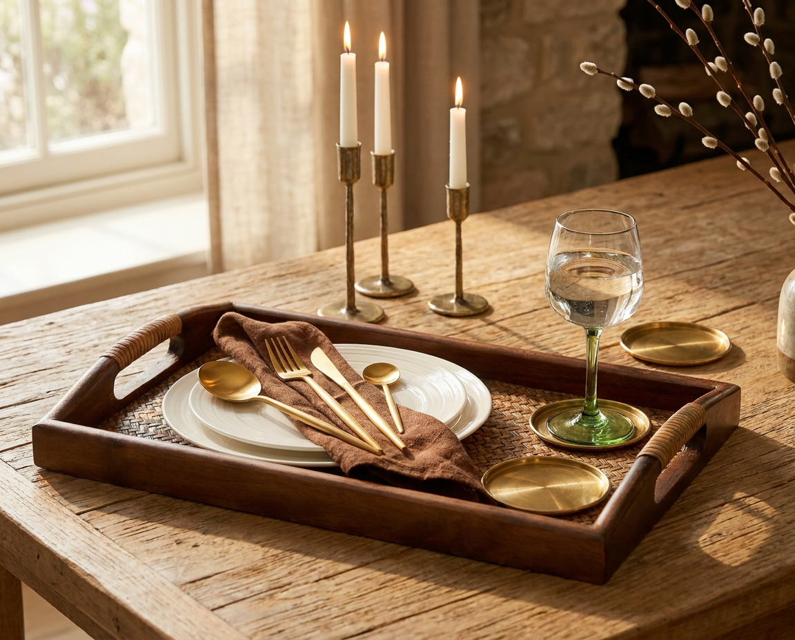 Gold cutlery set on a linen napkin with a napkin ring, next to brass coasters