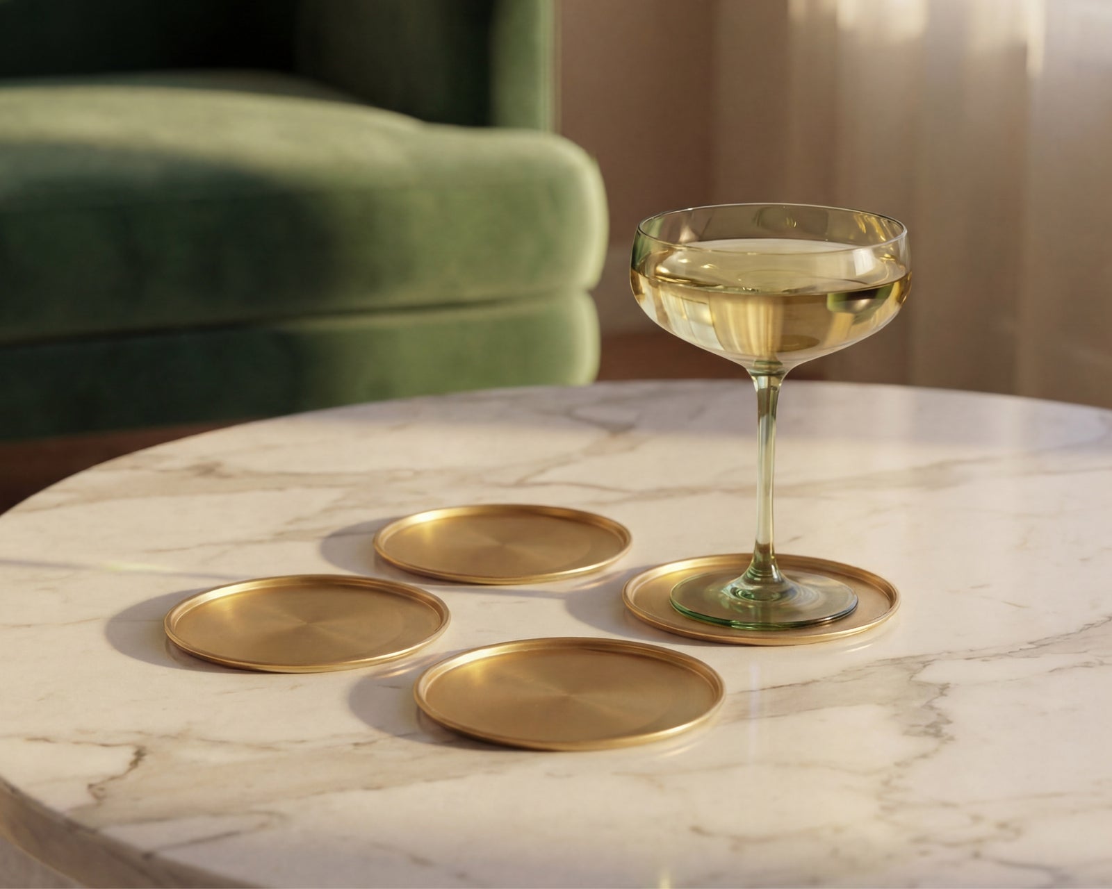 Indira brass coasters with decorative etched pattern beside a ceramic teacup