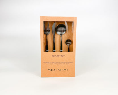 Stainless Steel Black Cutlery set of 4 pieces: Fork, knife, dessert spoon, soup spoon. Restaurant Quality Flatware from What a Host Home Decor