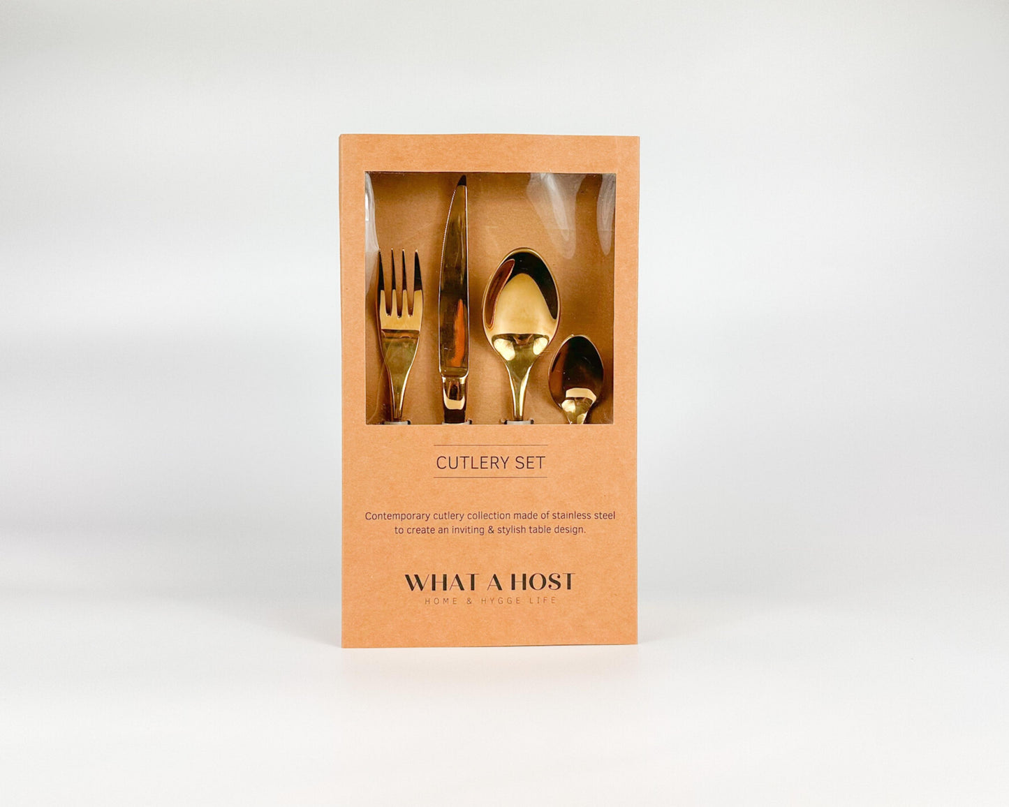 Gold Stainless Steel Cutlery Set, fork, knife, soup spoon, dessert spoon. Restaurant quality flatware from What a Host Home Decor