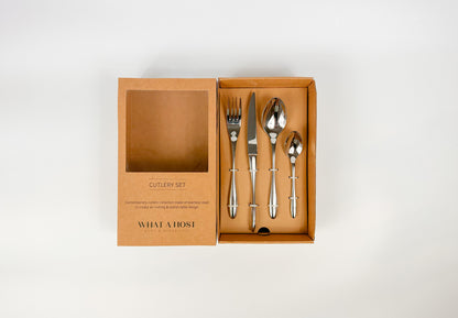 Silver Stainless Steel Cutlery Set, fork, knife, soup spoon, dessert spoon. Restaurant quality flatware from What a Host Home Decor
