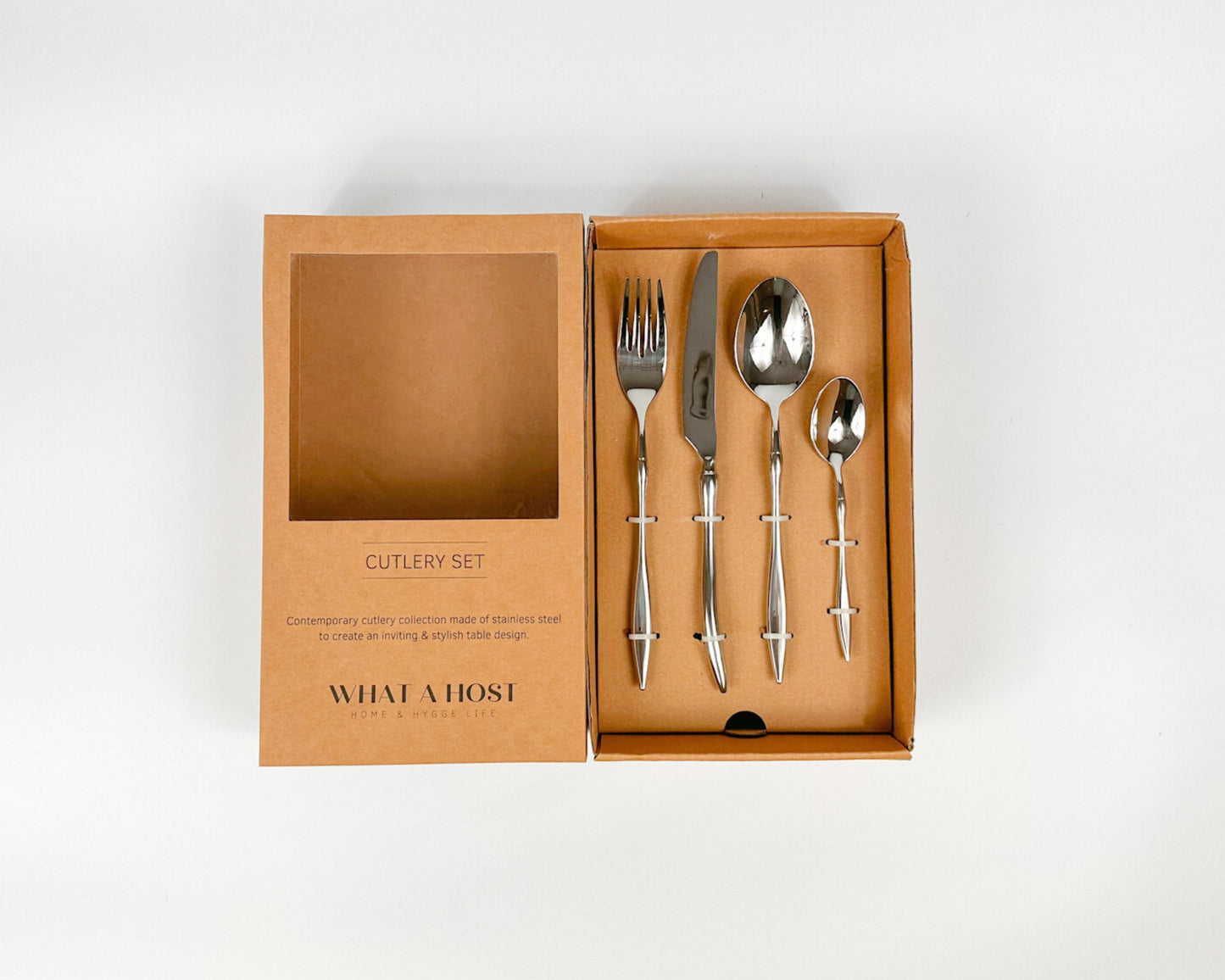 Silver Stainless Steel Cutlery Set, fork, knife, soup spoon, dessert spoon. Restaurant quality flatware from What a Host Home Decor