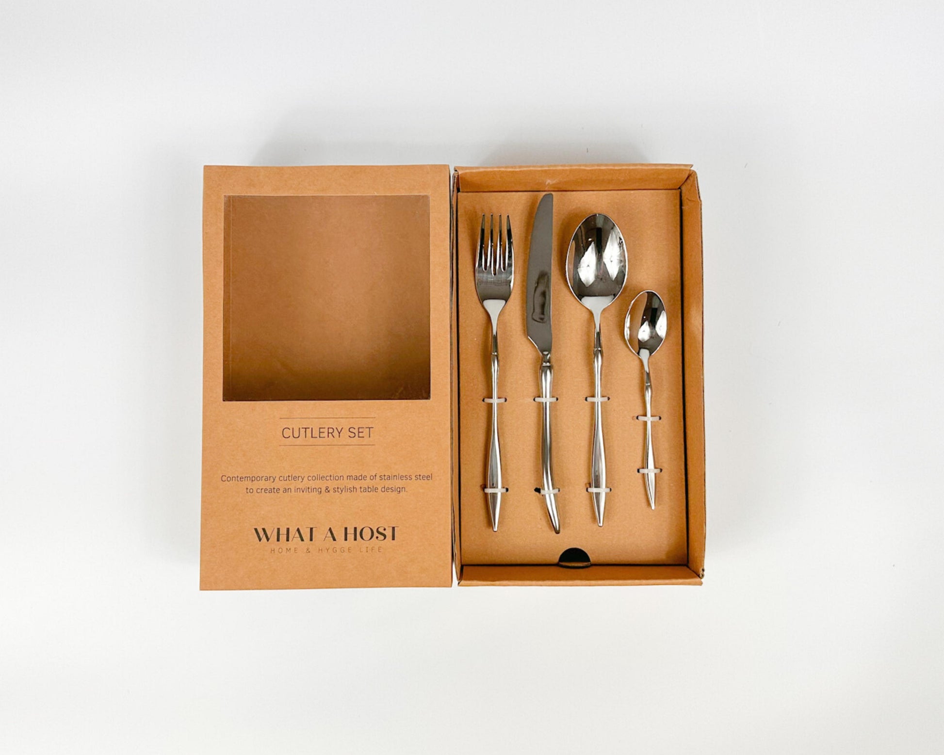 Silver Stainless Steel Cutlery Set, fork, knife, soup spoon, dessert spoon. Restaurant quality flatware from What a Host Home Decor